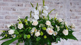 Preciosa palmatoria hecha con flores blancas y follaje verde